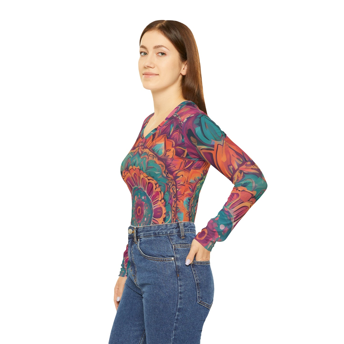 Watercolor Mandala Women's Long Sleeve V-neck Shirt